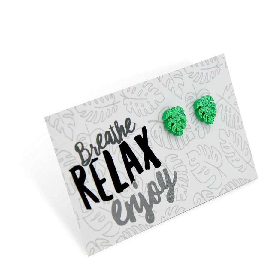 Jewellery 50% Off | Acrylic Glitter Monstera Studs - Breathe Relax Enjoy - Green Glitter (11931)