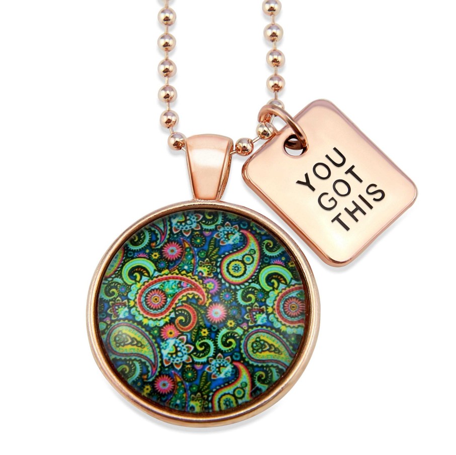 Jewellery Papa Glewy | Heart & Soul - 'You Got This' Rose Gold Necklace - Green Paisley (10952)