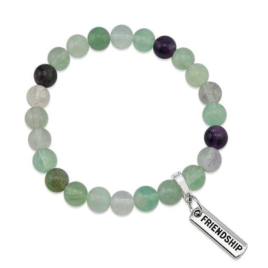 Jewellery Bracelets | Stone Bracelet 8Mm Fluorite Green & Mauve Stone - With Silver Word Charms