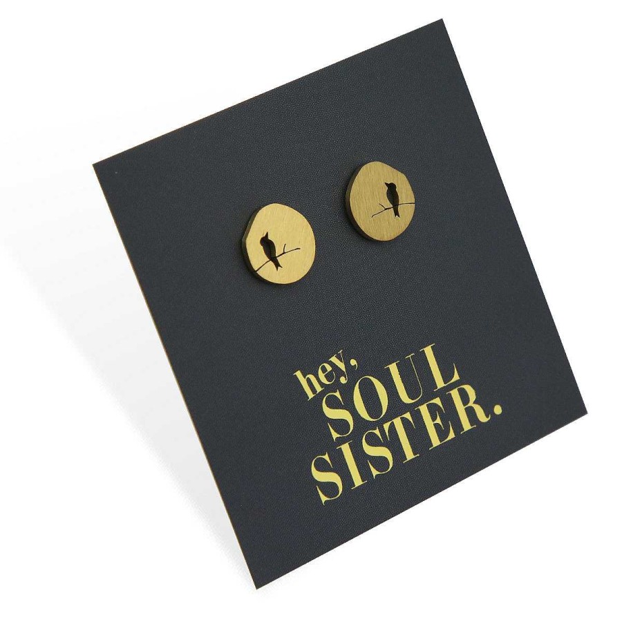 Jewellery Premium Studs | Stainless Steel Earring Studs - Brushed Gold - Hey Soul Sister - Bird On A Branch (8710-R)