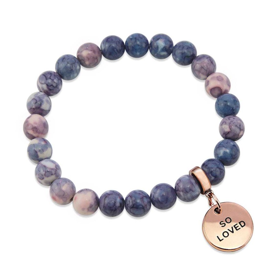 Jewellery Bracelets | Stone Bracelet - Purple & Storm Patch Agate Stone - 8Mm Beads With Rose Gold Word Charms