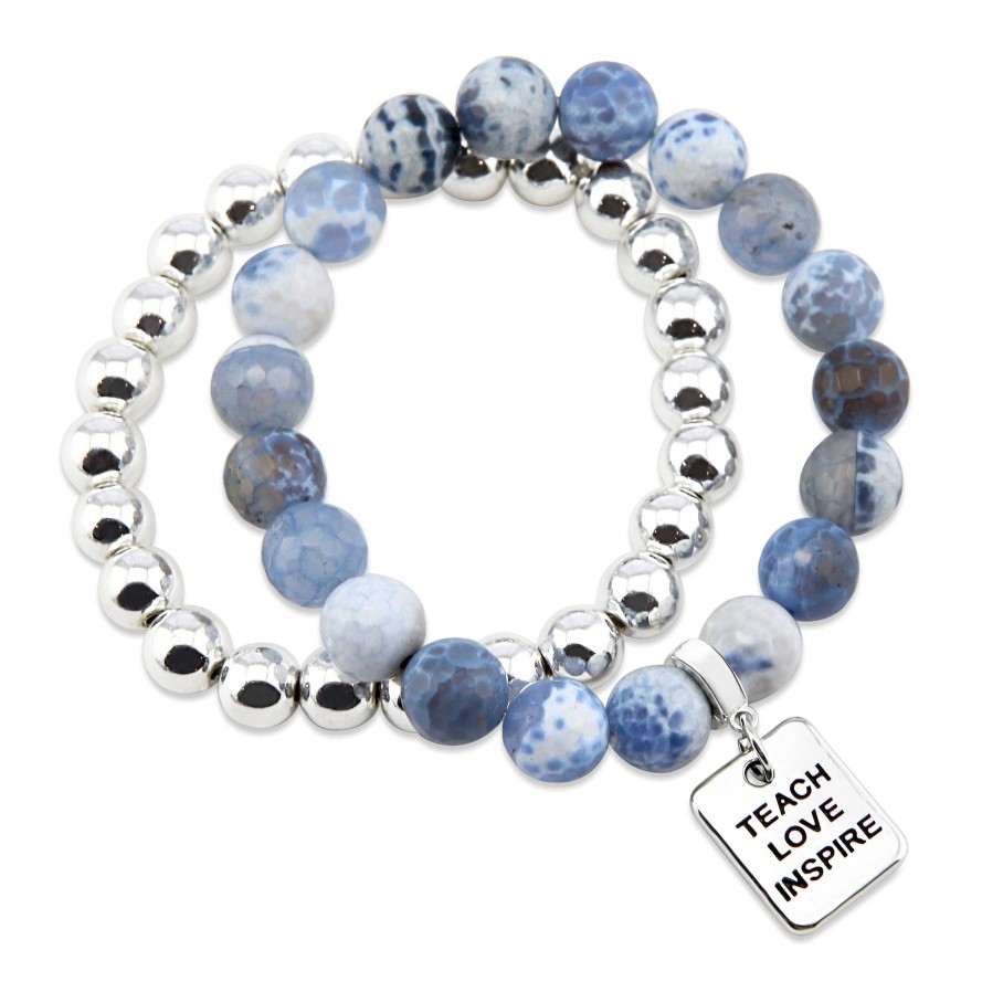 Jewellery Bracelets | Bracelet Duo! 10Mm Bright Blue Agata Tourmaline & 8Mm Silver Bead Bracelet Stacker Set - Teach Love Inspire (12015)