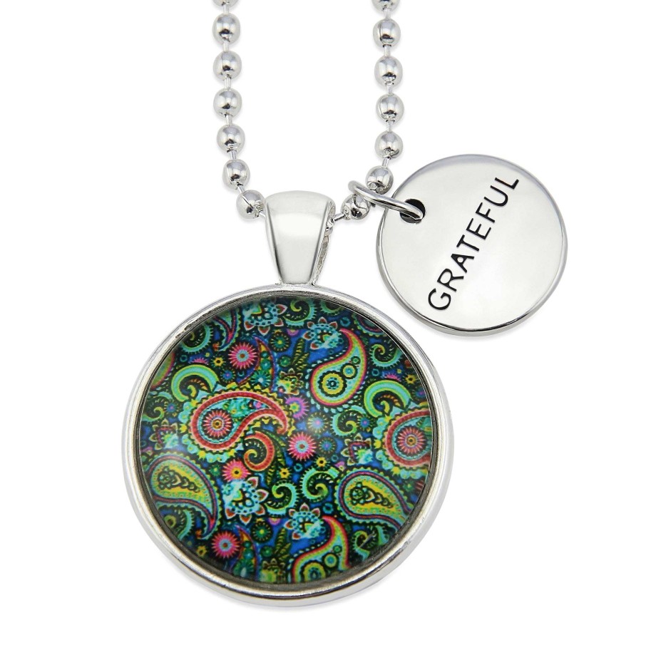 Jewellery Papa Glewy | Spring - 'Grateful' Bright Silver Necklace - Green Paisley (10965)