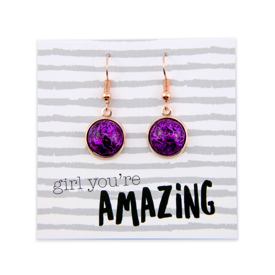 Jewellery Sparklefest | Sparklefest Dangles - Girl You'Re Amazing - Stainless Steel Rose Gold Earrings - Purple Glitter (2301)