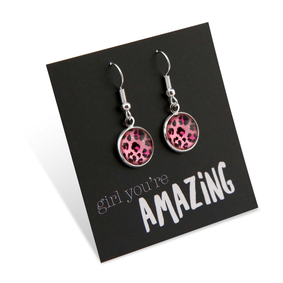 Jewellery Circle Drop Dangles | Pink Collection - Girl You'Re Amazing - Bright Silver Dangle Earrings - Pink Leopard (11545)