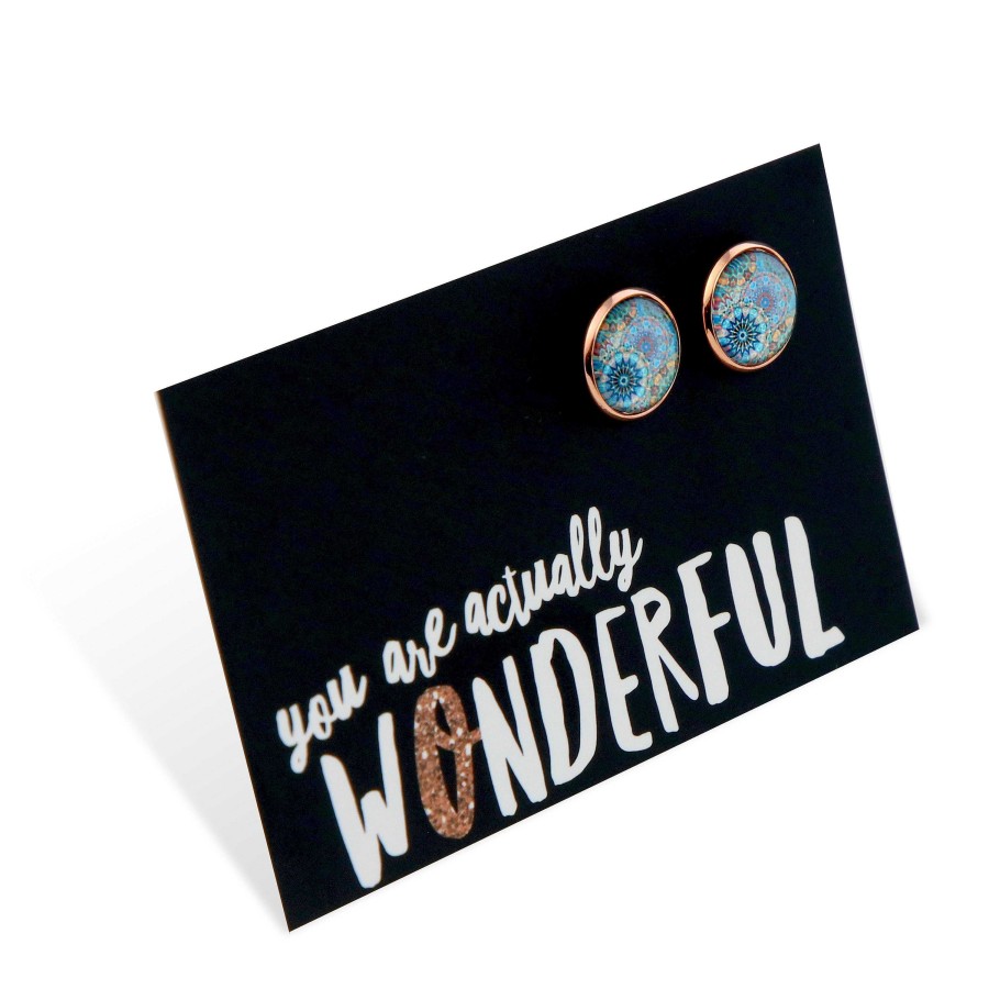 Jewellery Deluxe Stud Earrings | Teal Collection - You Are Actually Wonderful - Rose Gold Surround Circle Studs - Panama (2408-R)