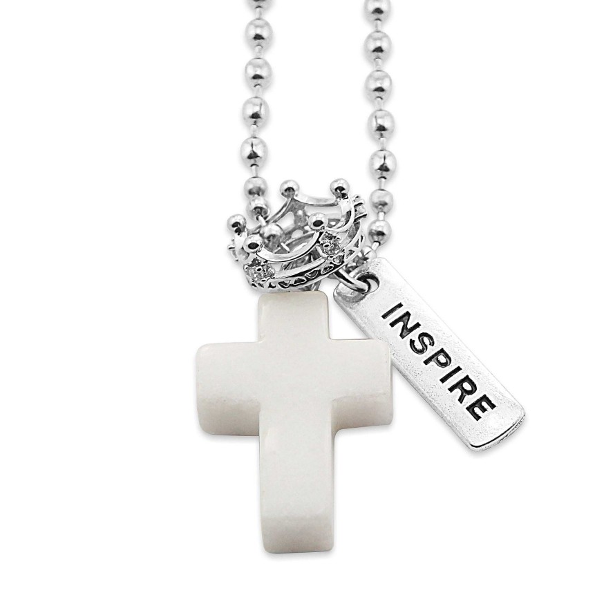 Jewellery Cross & Crown | Cross & Crown Necklace - Pure White Jade - With Word Charm