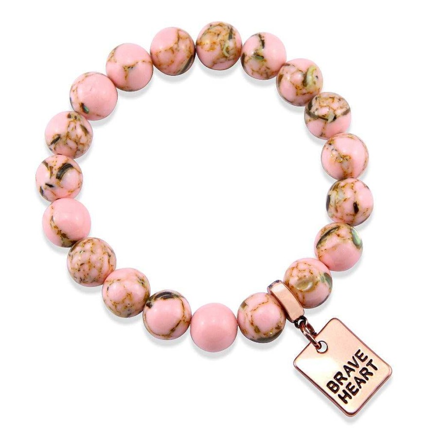 Jewellery Bracelets | Pink Collection - Soft Pink Synthesis 10Mm Bead Bracelet - Rose Gold Word Charms