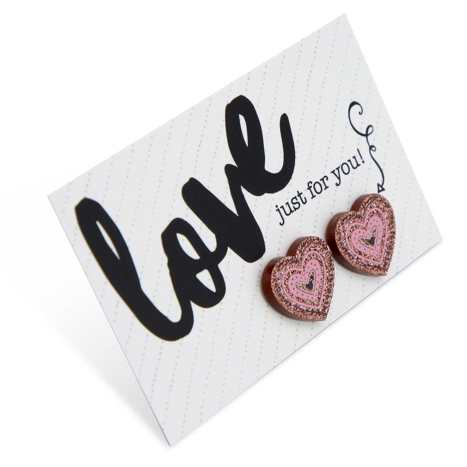 Jewellery Statement Earrings | Acrylic Glitter Heart Studs - Love Just For You - Pink & Rose Gold (2316)