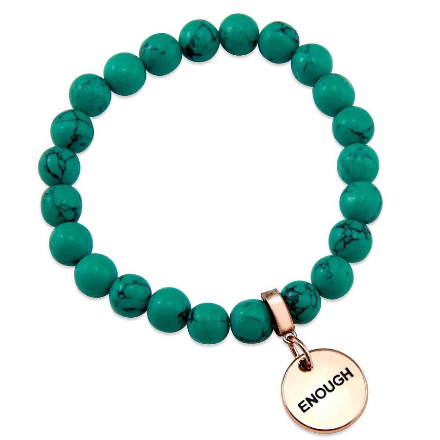 Jewellery Bracelets | Teal Collection Stone Bracelet - Dark Teal Marble Stone 8Mm Bead Bracelet - Rose Gold Word Charms