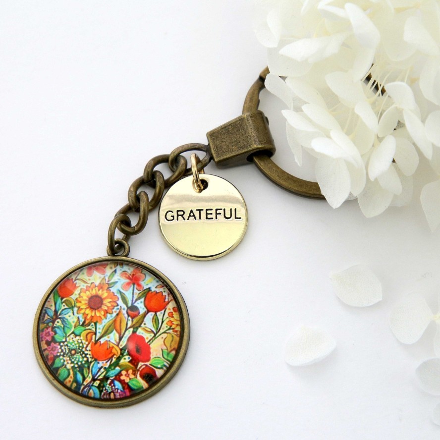 Accessories Papa Glewy | Spring - 'Grateful' - Vintage Gold Keyring - Springtime Buds (10334)