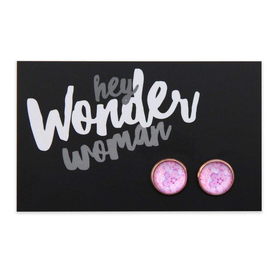 Jewellery Deluxe Stud Earrings | Pink Collection - Hey Wonder Woman - Rose Gold Surround Circle Studs - Pink Ice (2310-R)