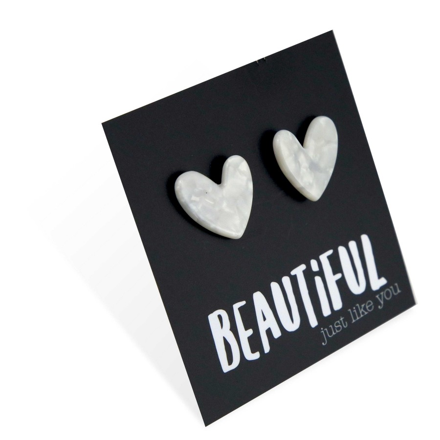 Jewellery Statement Earrings | Beautiful Just Like You - Resin Heart Studs - White Pearl (11915)