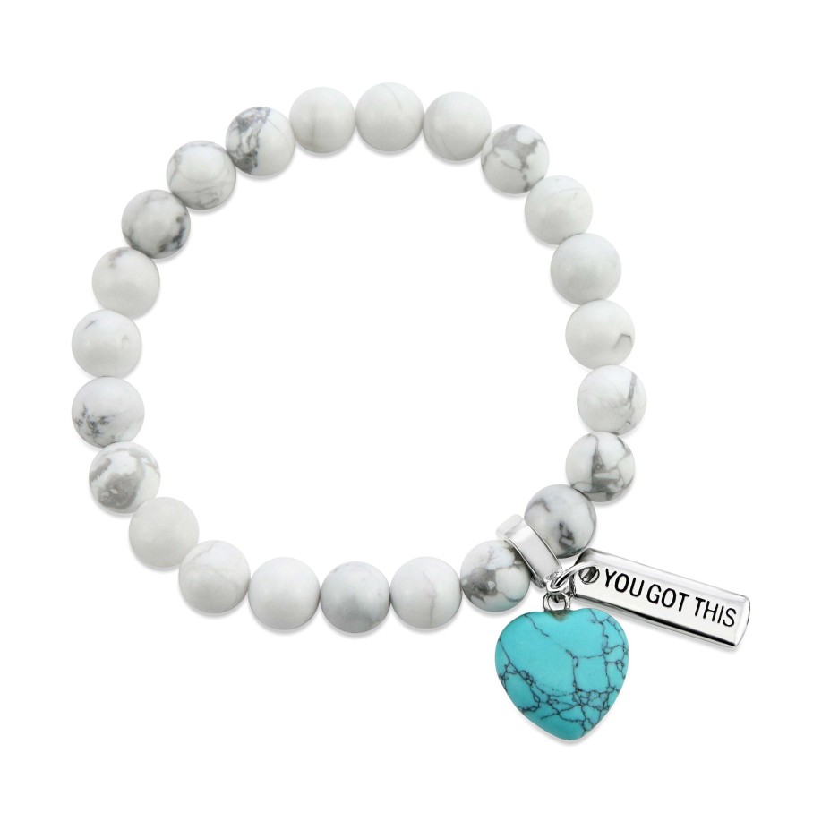 Jewellery Bracelets | Sweetheart Bracelet - 8Mm White Marble Stone Beads With Turquoise Heart & Word Charm