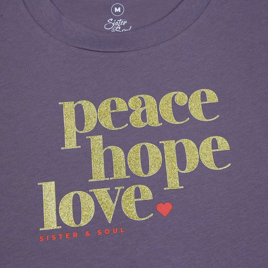 Apparel Tees Tanks & Totes | Peace Hope Love - Dusty Purple Cropped Wide Boxy Tee - Gold Glitter Print