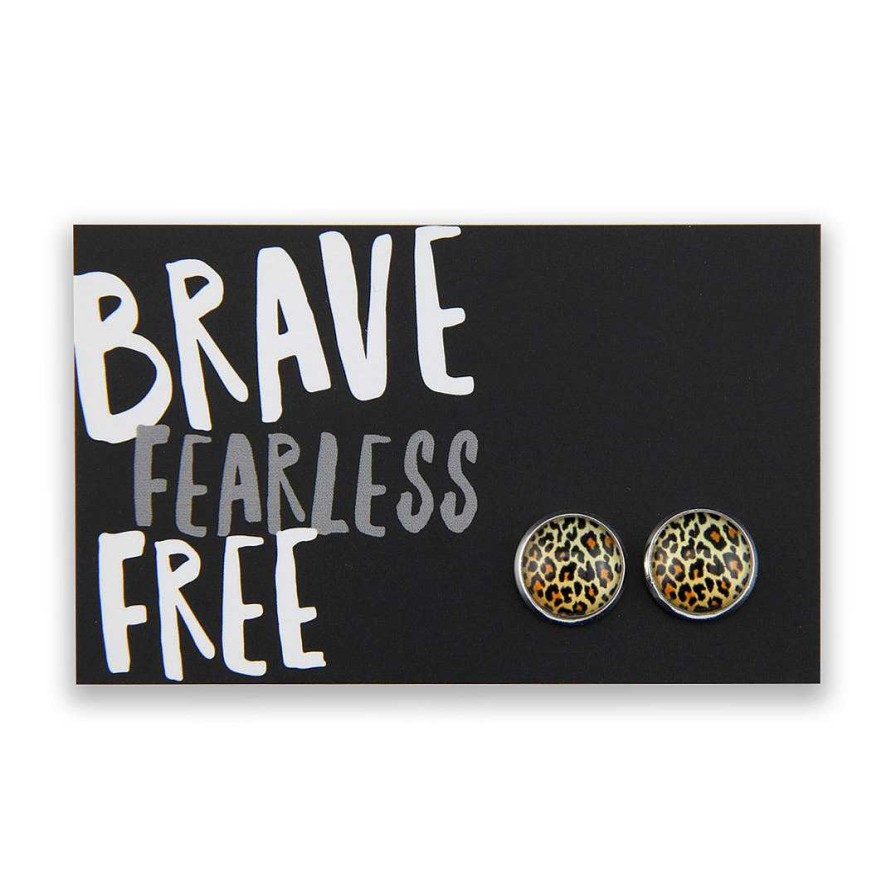 Jewellery Deluxe Stud Earrings | The Strong Women Collection - Brave Fearless Free - Silver Surround Circle Studs - Wild Thing Leopard (11965)