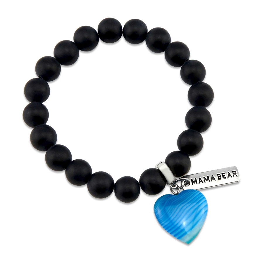 Jewellery Bracelets | Sweetheart Bracelet - 10Mm Matt Black Onyx Stone Beads With Blue Heart & Word Charm