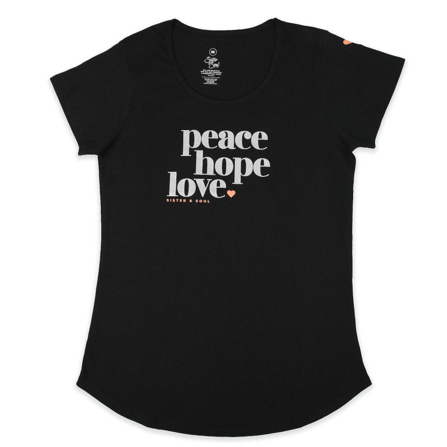 Apparel Tees Tanks & Totes | Peace Hope Love - Scoopy Tee - Black With Silver Glitter Print