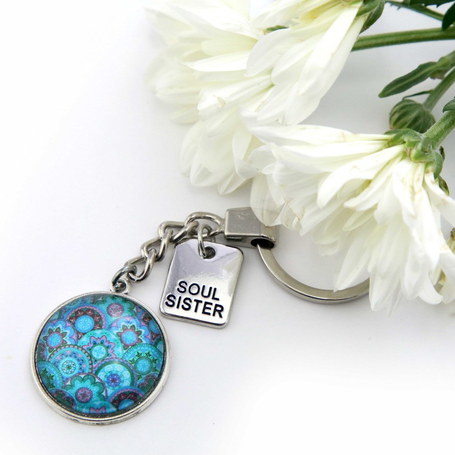 Accessories Papa Glewy | Teal Collection - Vintage Silver 'Soul Sister' Keyring - Pinwheel (12151)