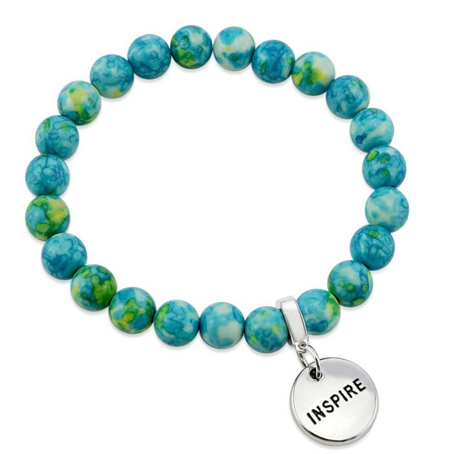 Jewellery Bracelets | Stone Bracelet - Aqua & Sunshine Patch Agate Stone - 8Mm Beads With Silver Word Charm