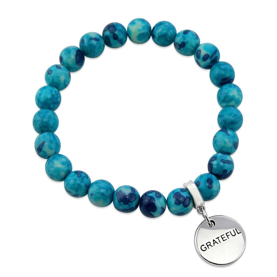 Jewellery Bracelets | Stone Bracelet - Cyan & Navy Patch Agate Stone - 8Mm Beads With Silver Word Charms