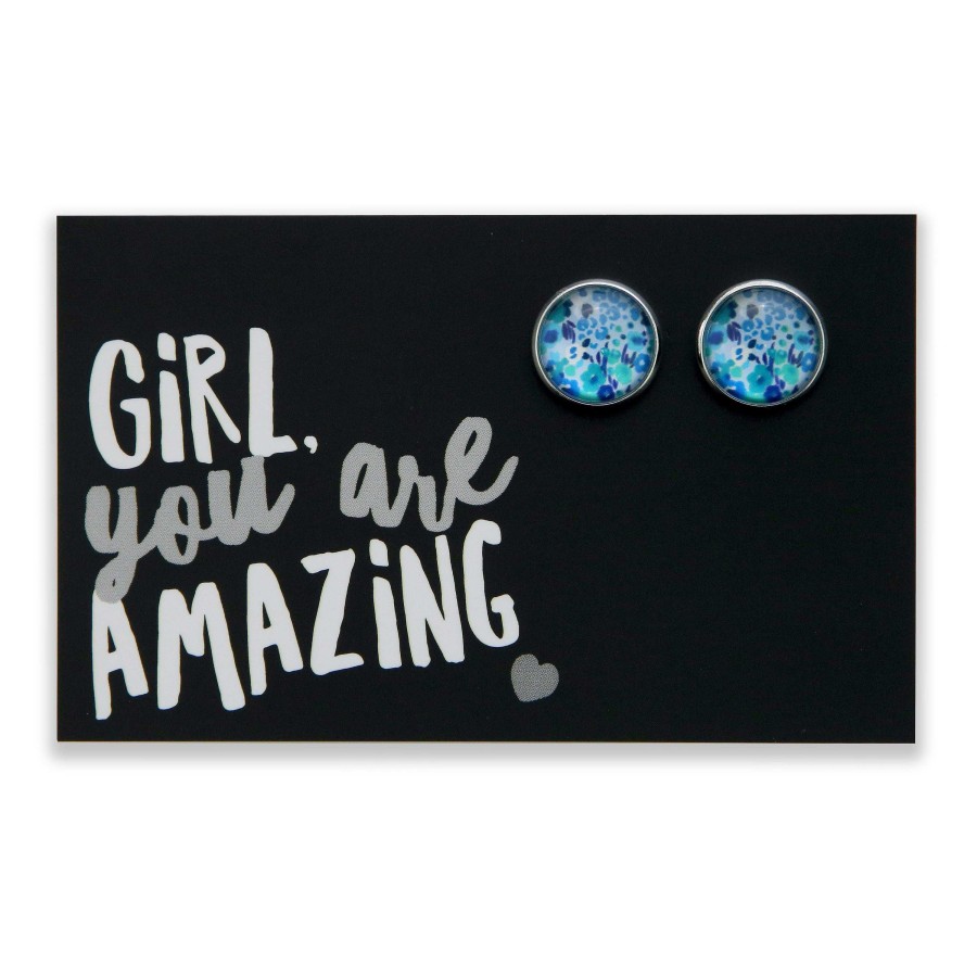 Jewellery Deluxe Stud Earrings | Teal Collection - Girl You Are Amazing - Bright Silver Surround Circle Studs - Fandango Blue (12065)