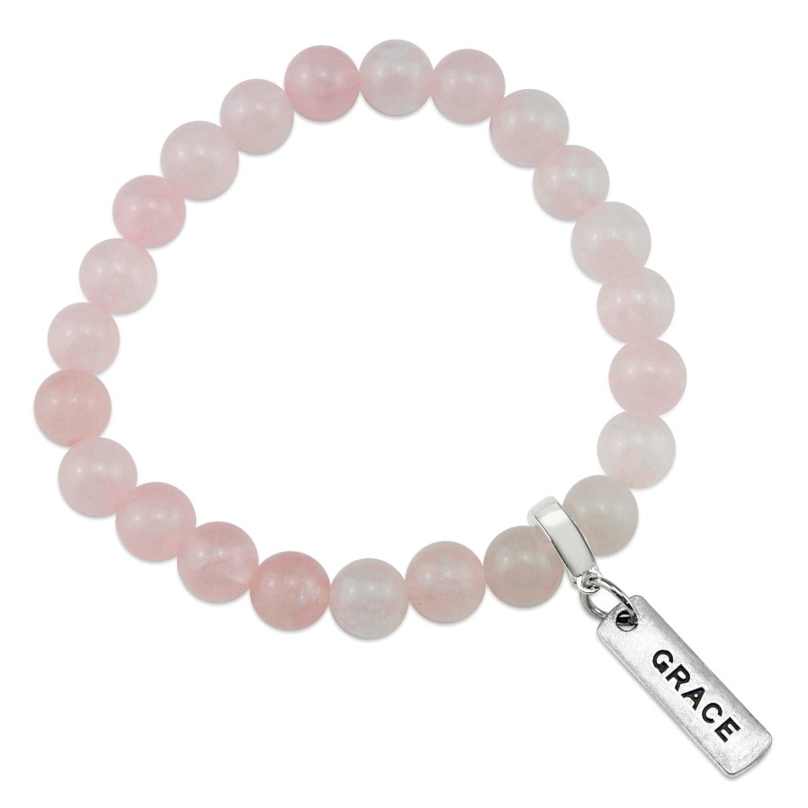 Jewellery Bracelets | Stone Bracelet - Rose Quartz 8Mm - With Word Charm