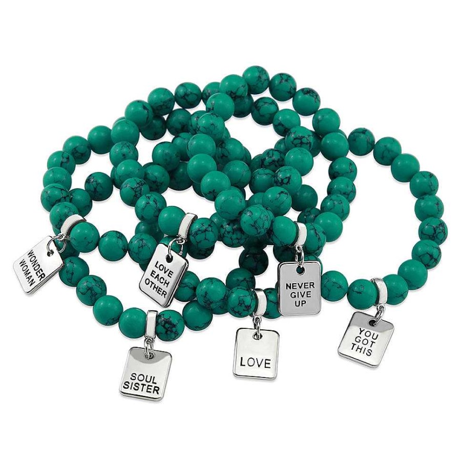 Jewellery Bracelets | Teal Collection Stone Bracelet - Dark Teal Marble Stone 10Mm Bead Bracelet - Silver Word Charms