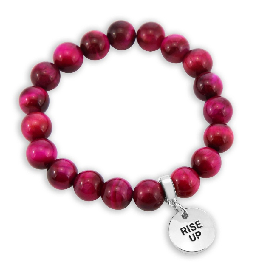 Jewellery Bracelets | Precious Stones - Bright Fuchsia Tigers Eye 10Mm Bead Bracelet - With Word Charms (5017)