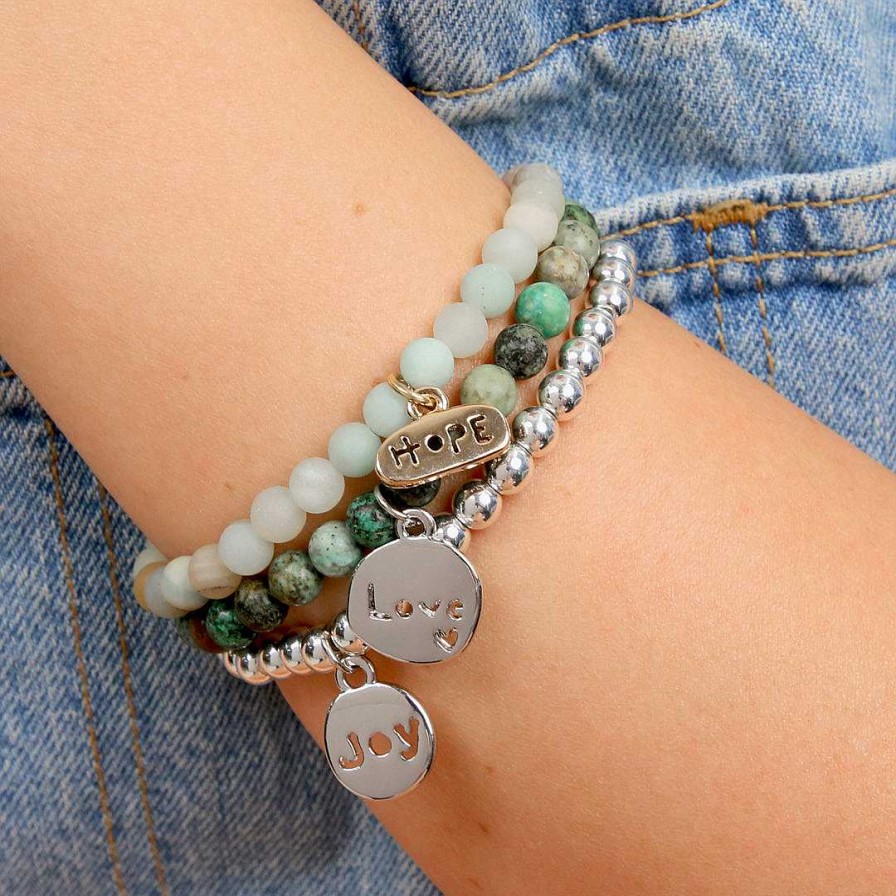 Jewellery Christmas Bracelets | Christmas Bracelet - Frost Matt Amazonite Stone 6Mm Bracelet With Gold Word Charm