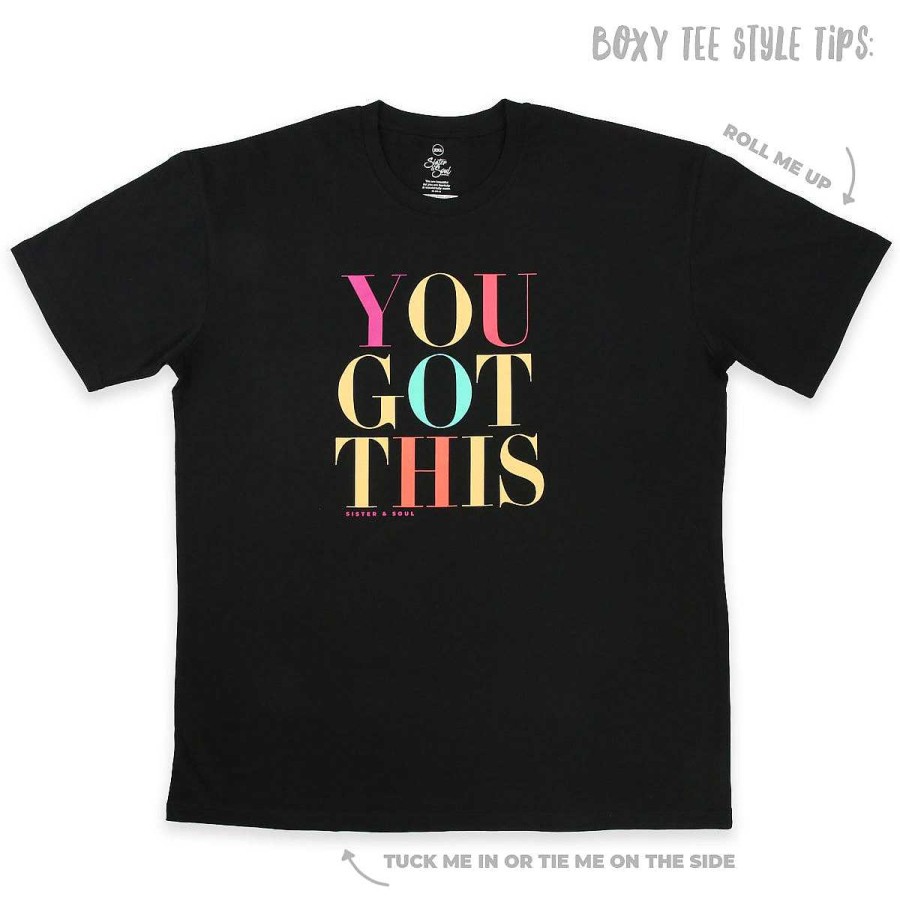 Apparel Tees Tanks & Totes | You Got This - Plus Size Long Boxy Tee - Black With Colourful Print