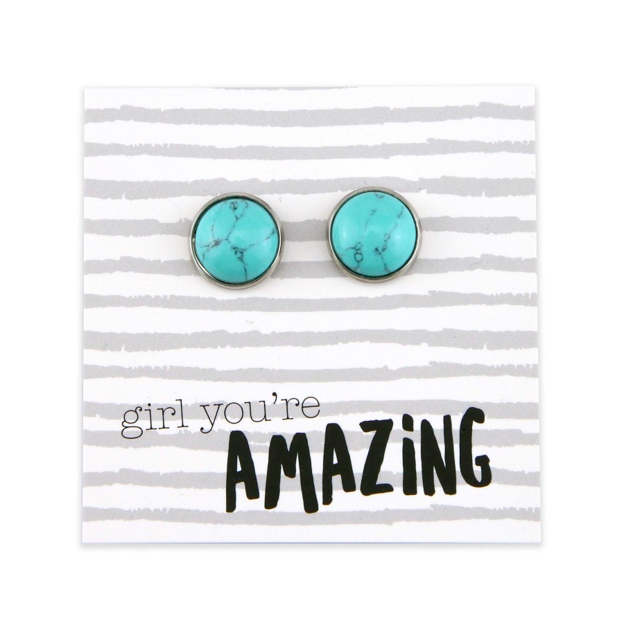 Jewellery Stone Earrings | Stone Earrings - Girl You'Re Amazing - Silver Surround Earring Studs - Turquoise (9105)