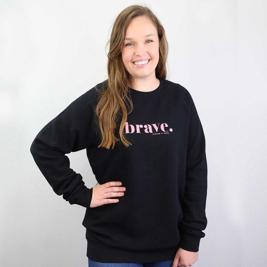 Apparel Crew Neck Jumper | Brave Crew Neck Jumper - Black - Pink Print