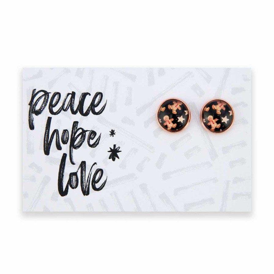 Jewellery Deluxe Stud Earrings | Christmas - Gingerbread Black - Rose Gold 12Mm Circle Studs - Peace Hope Love (11521)