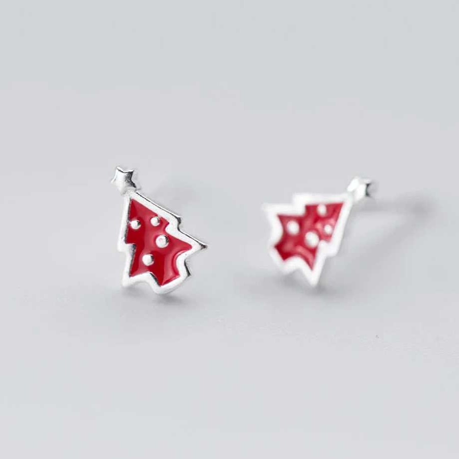 Jewellery Sterling Silver Studs | Tiny Christmas Tree Studs - Red Enamel Sterling Silver - Joy To The World (2211-F)