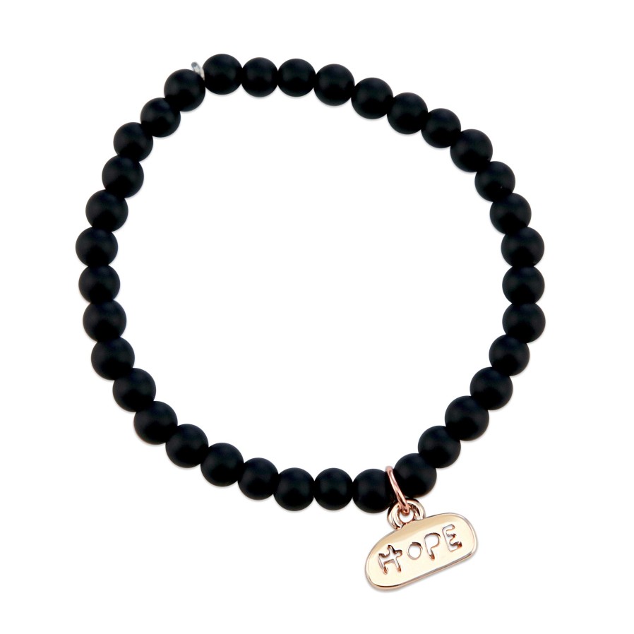 Jewellery Christmas Bracelets | Christmas Bracelet - Matt Black Onyx 6Mm Bracelet With Gold Word Charm