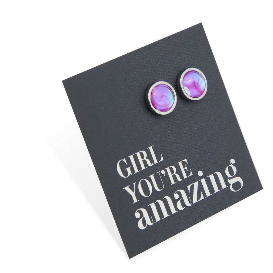 Jewellery Stainless Steel Circle Studs | Girl You'Re Amazing - Vintage Silver Stainless Steel 8Mm Circle Studs - Iridescent Rhinestone Hyacinth (13012)