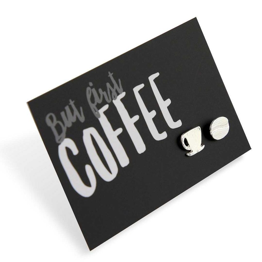 Jewellery Cute Stud Earrings | But First Coffee! Plated Stud Earrings - Silver (9703)