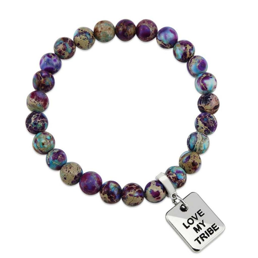 Jewellery Bracelets | Imperial Jasper Purple & Aqua Divine 8Mm Stone Bead Bracelet - With Silver Word Charms