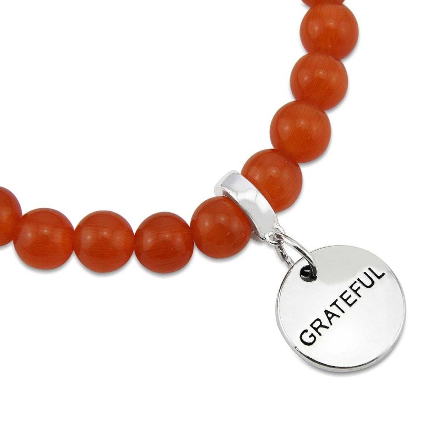 Jewellery 50% Off | Stone Bracelet - Vivid Orange Agate Stone - 8Mm Beads With Silver Word Charm