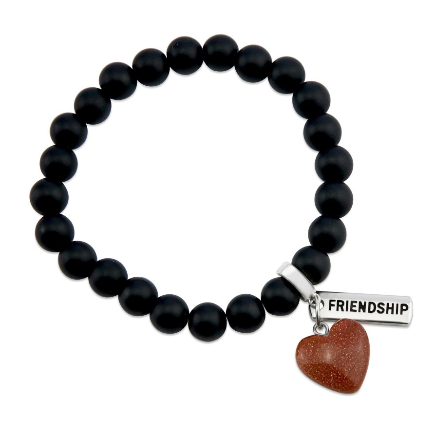 Jewellery Bracelets | Sweetheart Bracelet - 8Mm Matt Black Onyx Stone Beads With Small Copper Sandstone Sparkle Heart & Word Charm