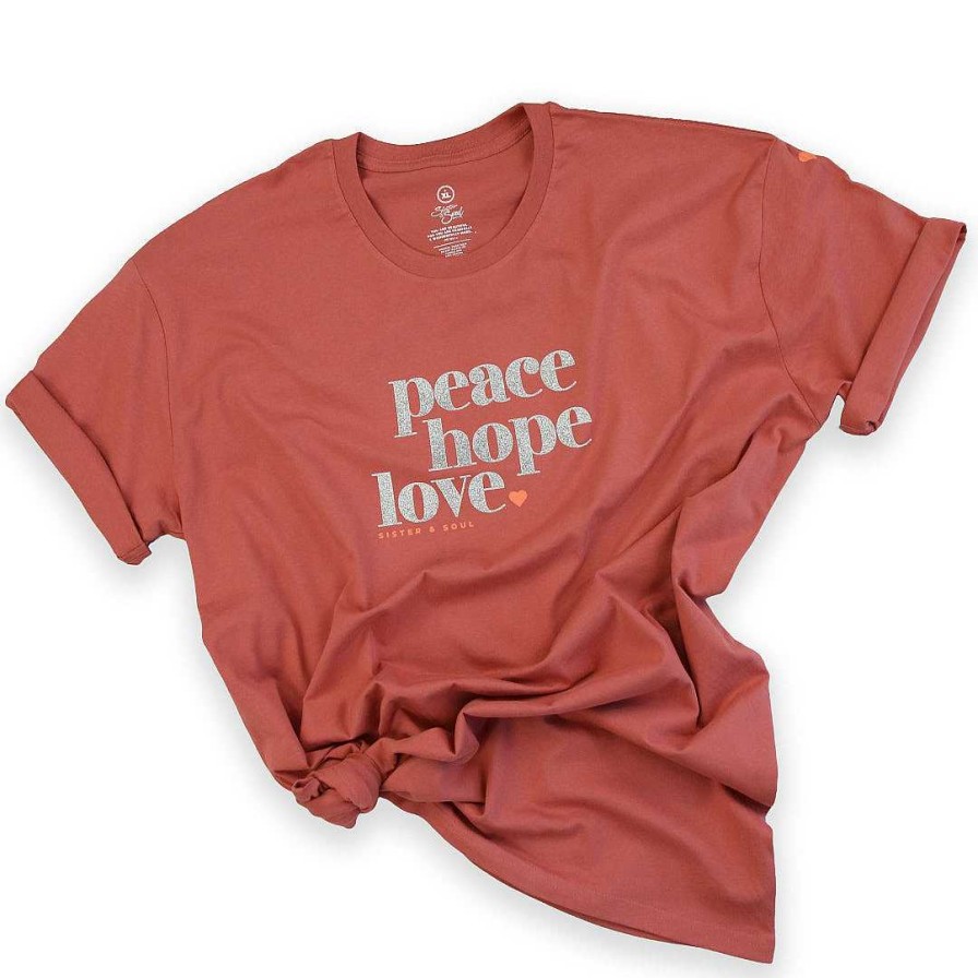 Apparel Tees Tanks & Totes | Peace Hope Love - Plus Size Long Boxy Tee - Dusted Coral With Silver Glitter Print