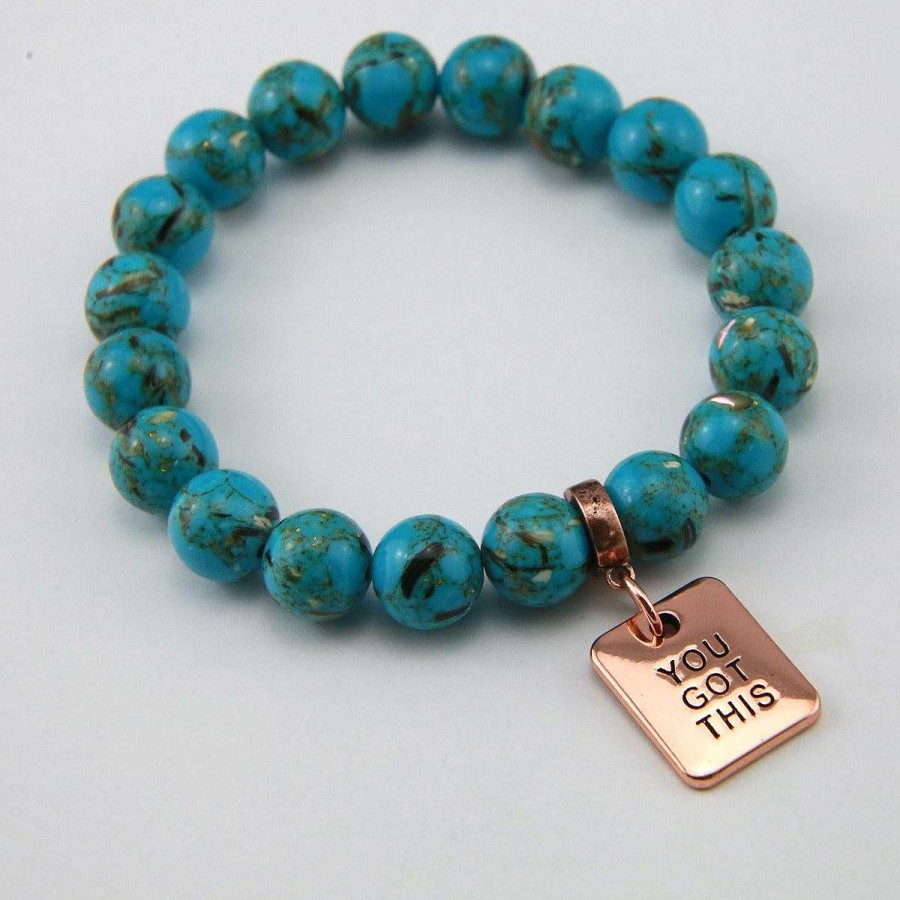 Jewellery Bracelets | Teal Collection Peacock Teal Synthesis 10Mm Stone Bead Bracelet - Rose Gold Word Charms