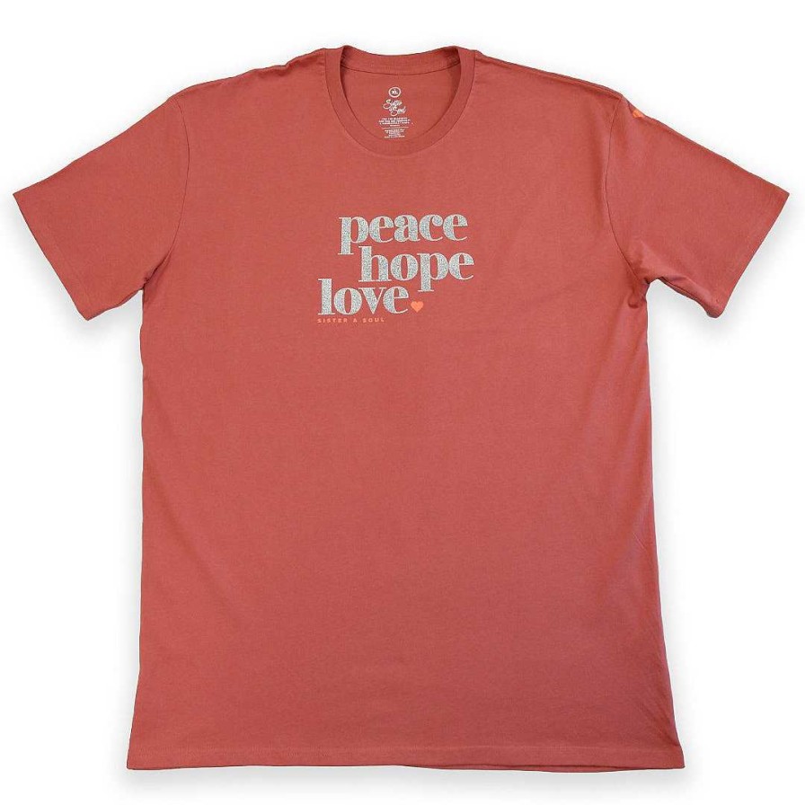 Apparel Tees Tanks & Totes | Peace Hope Love - Plus Size Long Boxy Tee - Dusted Coral With Silver Glitter Print