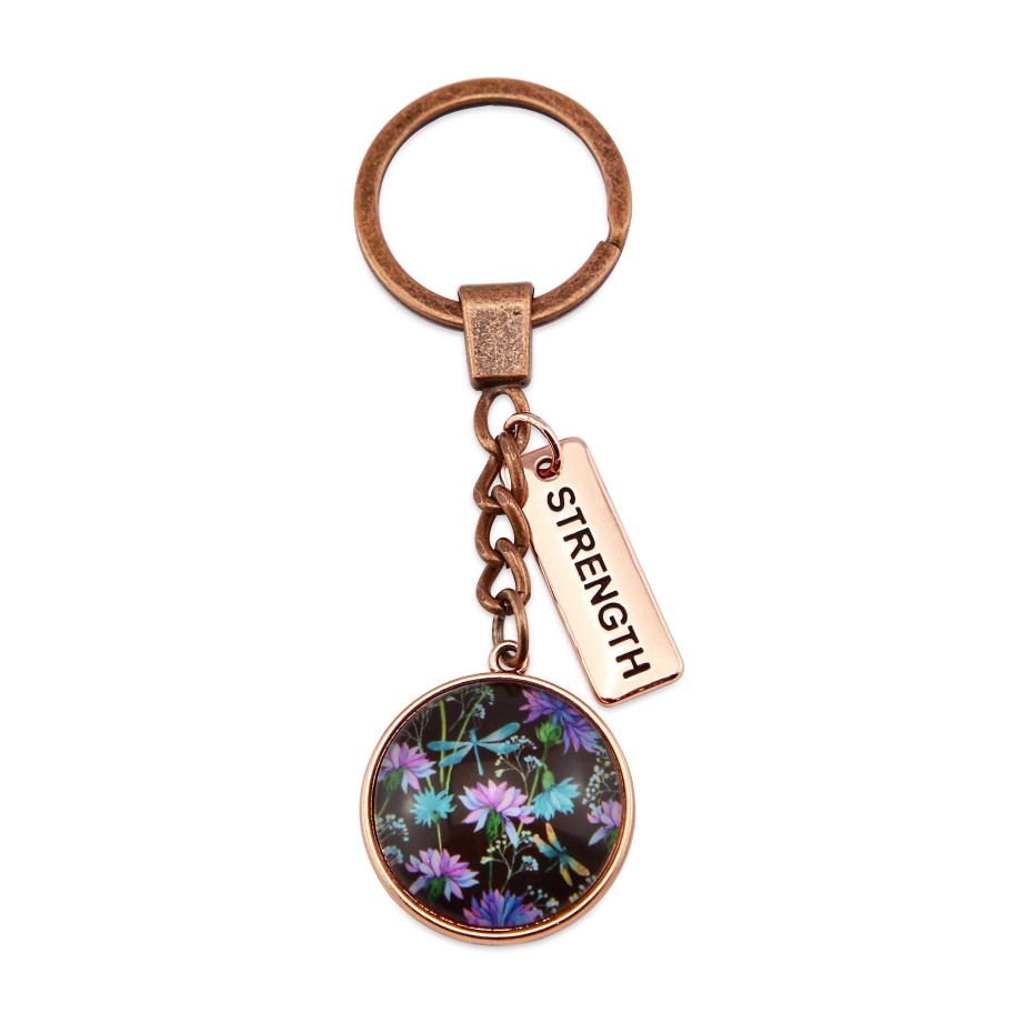 Accessories Papa Glewy | Wildflower Collection - Vintage Rose Gold Keyring With 'Strength' Charm - Dragonfly Grove (10644)