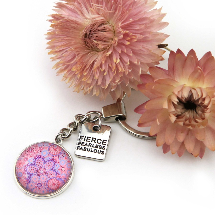 Accessories Papa Glewy | Pink Collection - Vintage Silver 'Fierce Fearless Fabulous' Keyring - Pink Ice (12254)