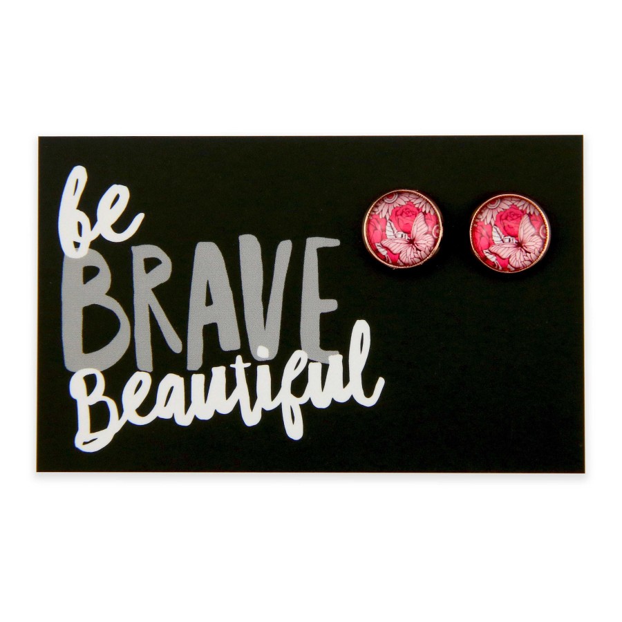 Jewellery Deluxe Stud Earrings | Pink Collection - Be Brave Beautiful - Rose Gold Surround Circle Studs - Butterfly Patch (9108)