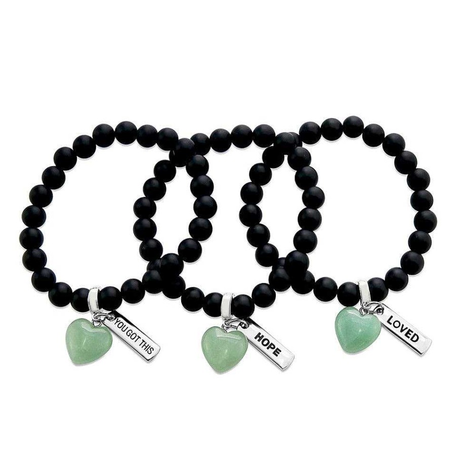 Jewellery Bracelets | Sweetheart Bracelet - 8Mm Matt Black Onyx Stone Beads With Small Green Adventurine Heart & Word Charm