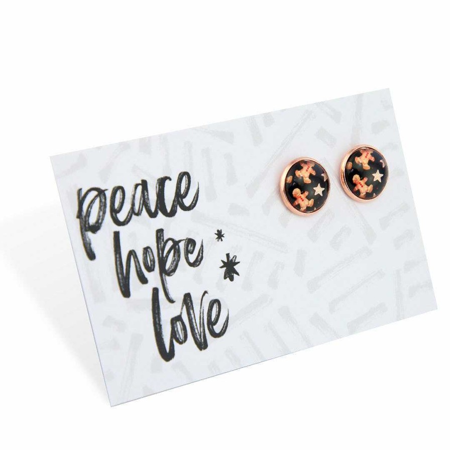 Jewellery Deluxe Stud Earrings | Christmas - Gingerbread Black - Rose Gold 12Mm Circle Studs - Peace Hope Love (11521)