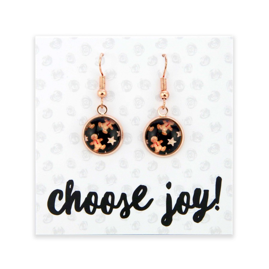 Jewellery Circle Drop Dangles | Christmas - Choose Joy - Rose Gold Dangle Earrings - Gingerbread Black (12734)